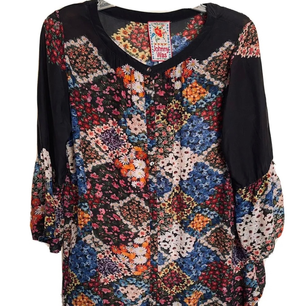 Johnny Was Top Tunic Bell Sleeve Round Hem Floral Cupra Rayon Multi Color Small